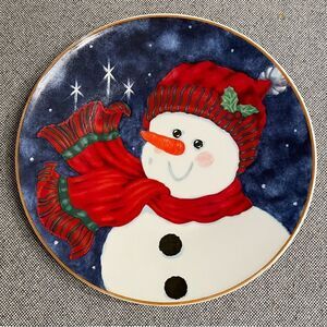 Snowman holiday decorative plate with gold trim